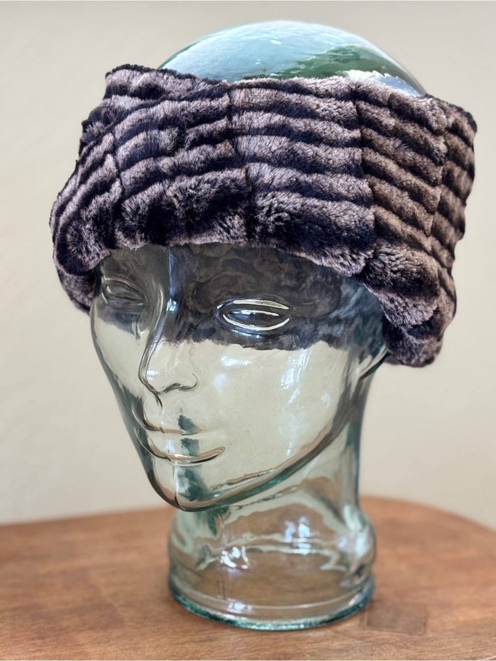 Pandemonium -  Faux Fur Ribbed Striped Headband Neck warmer -black & grey OS